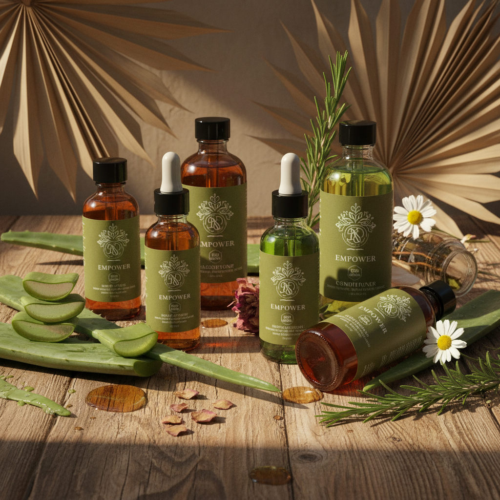 Natural hair care products arranged with botanicals on a wooden surface, bathed in soft sunlight.