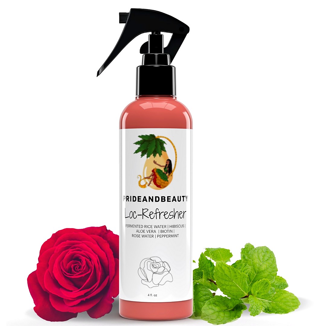 Pride and Beauty Rosewater Peppermint Loc Refresher spray bottle with fresh rose and mint leaves on white background