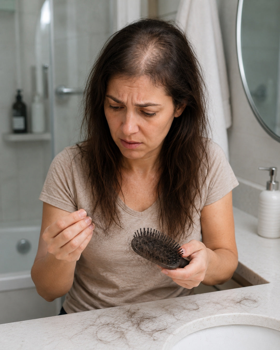Woman experiencing hair shedding and thinning