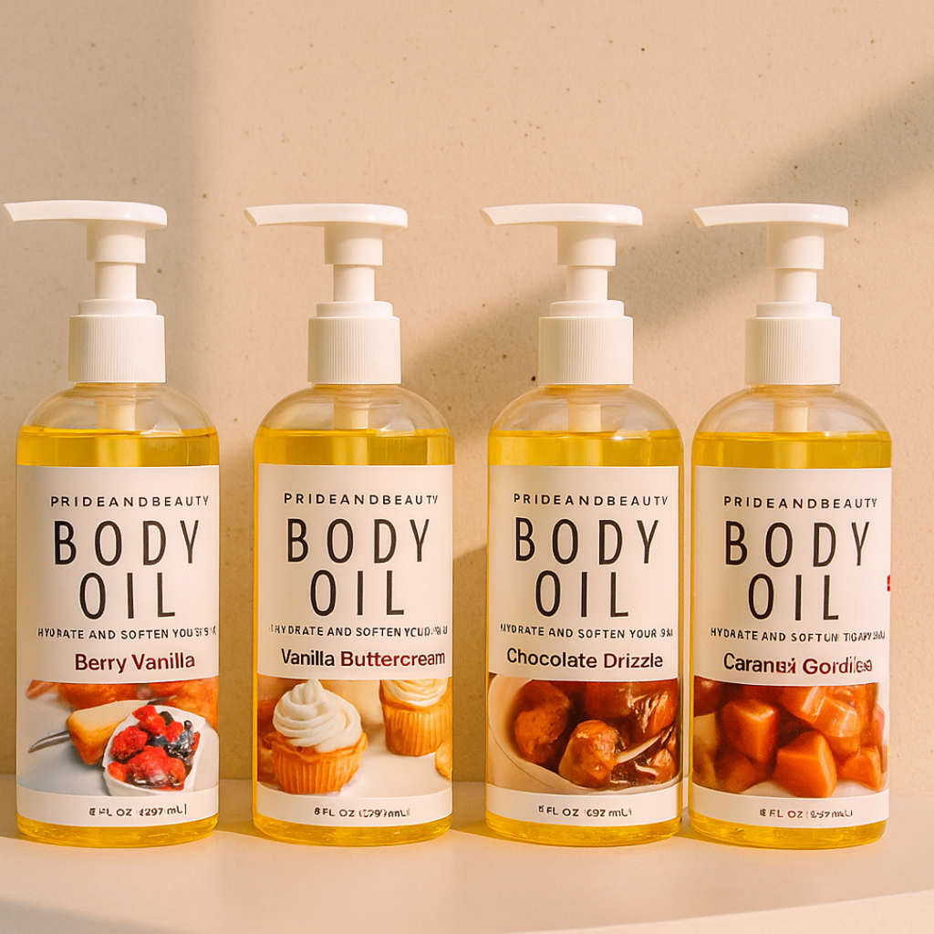 Fragranced body oil and after shower moisturizer by Pride and Beauty