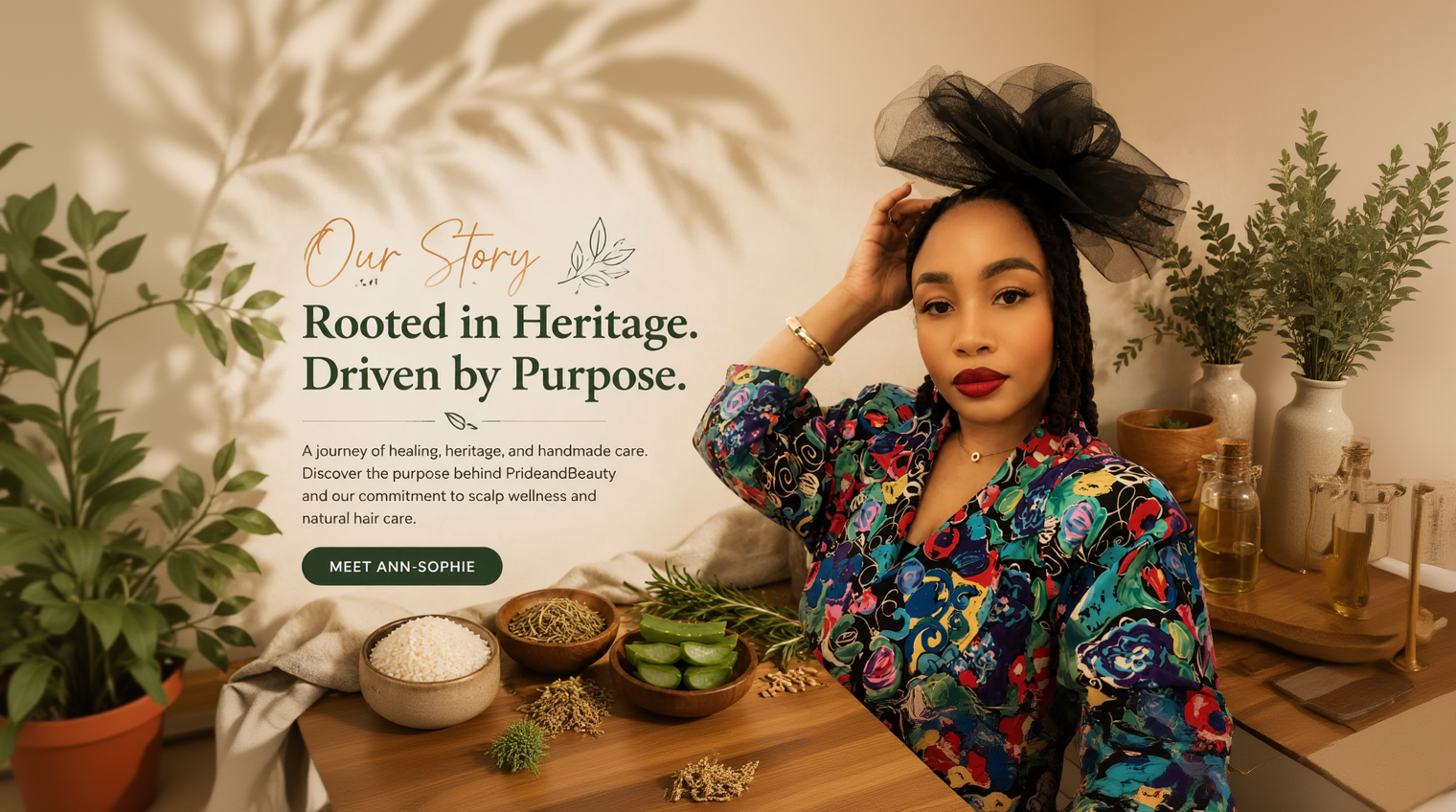 Woman with styled hair in a decorative setting with text about heritage and purpose.