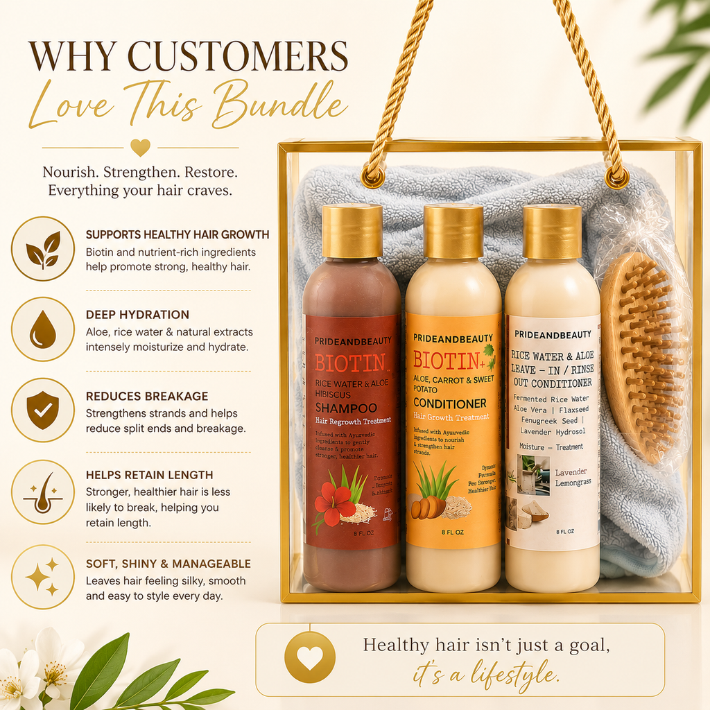 PrideandBeauty® Luxury Hair Growth Bundle | Biotin Rice Water Shampoo, Conditioner & Leave-In Gift Set with Microfiber Hair Towel & Scalp Massage Brush