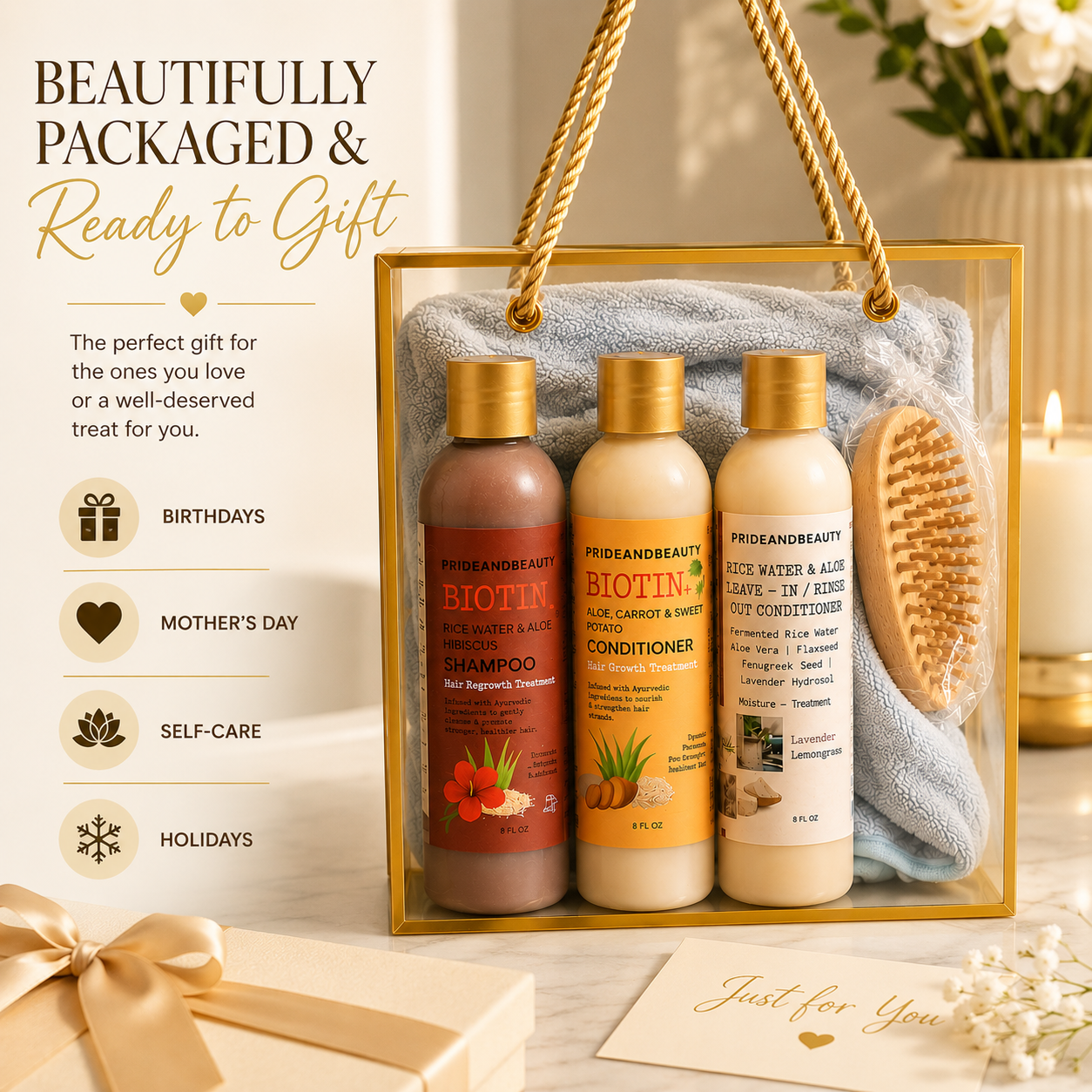 PrideandBeauty® Luxury Hair Growth Bundle | Biotin Rice Water Shampoo, Conditioner & Leave-In Gift Set with Microfiber Hair Towel & Scalp Massage Brush