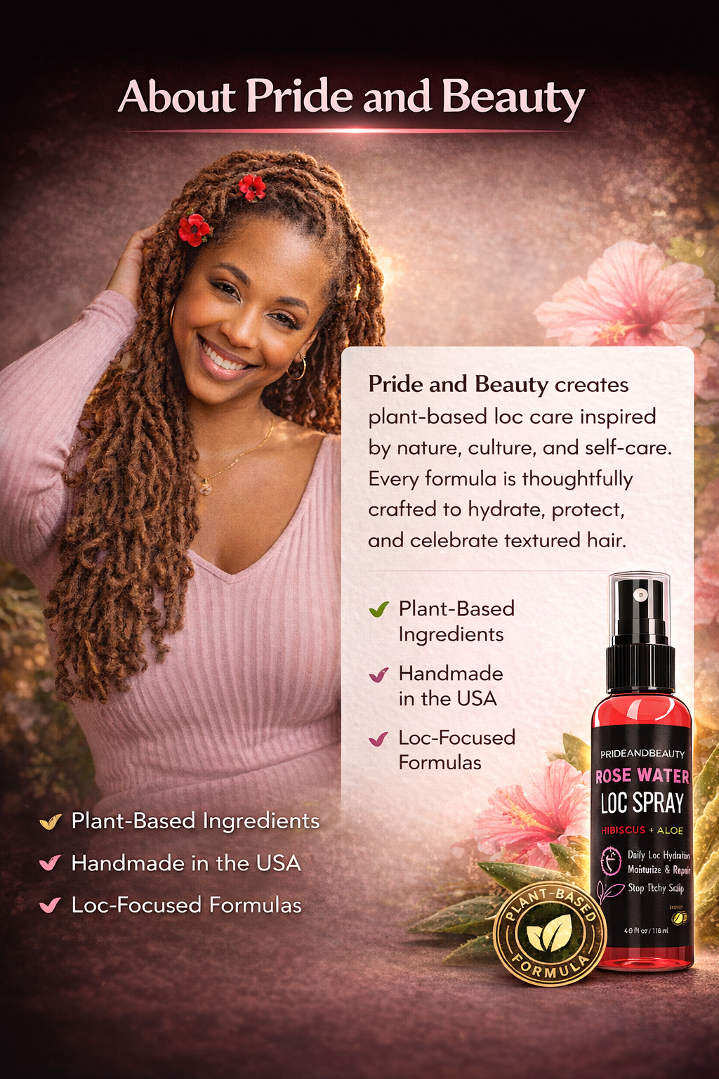 Pride and Beauty Rose Water Loc Spray – Daily Hydration, Itch Relief & Moisture for Locs, Braids & Natural Hair | Plant-Based Formula