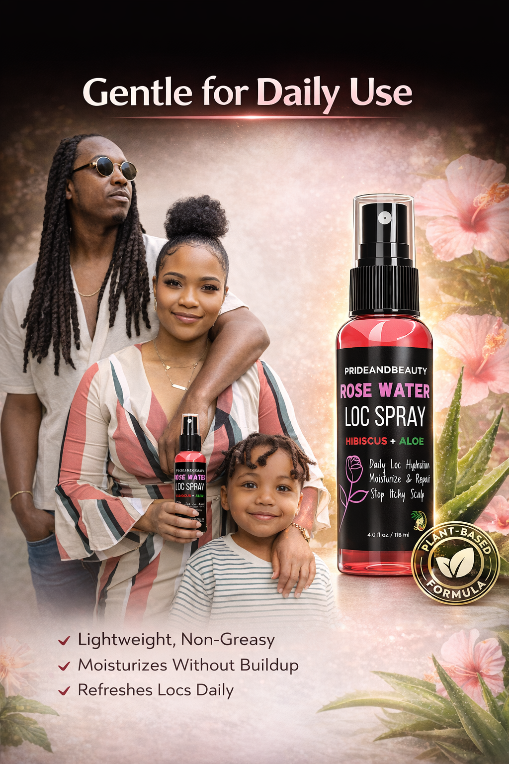 Pride and Beauty Rose Water Loc Spray – Daily Hydration, Itch Relief & Moisture for Locs, Braids & Natural Hair | Plant-Based Formula