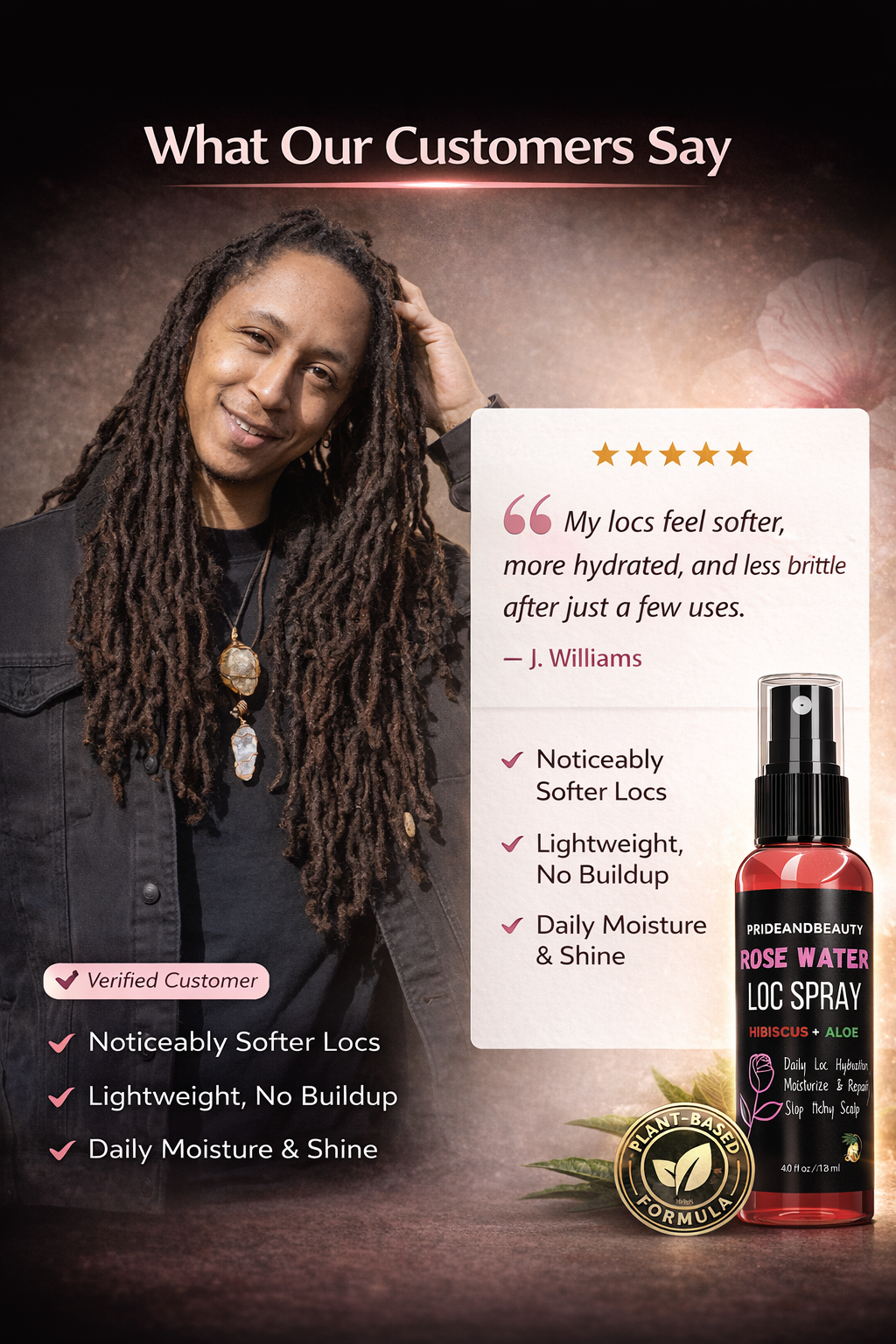Pride and Beauty Rose Water Loc Spray – Daily Hydration, Itch Relief & Moisture for Locs, Braids & Natural Hair | Plant-Based Formula