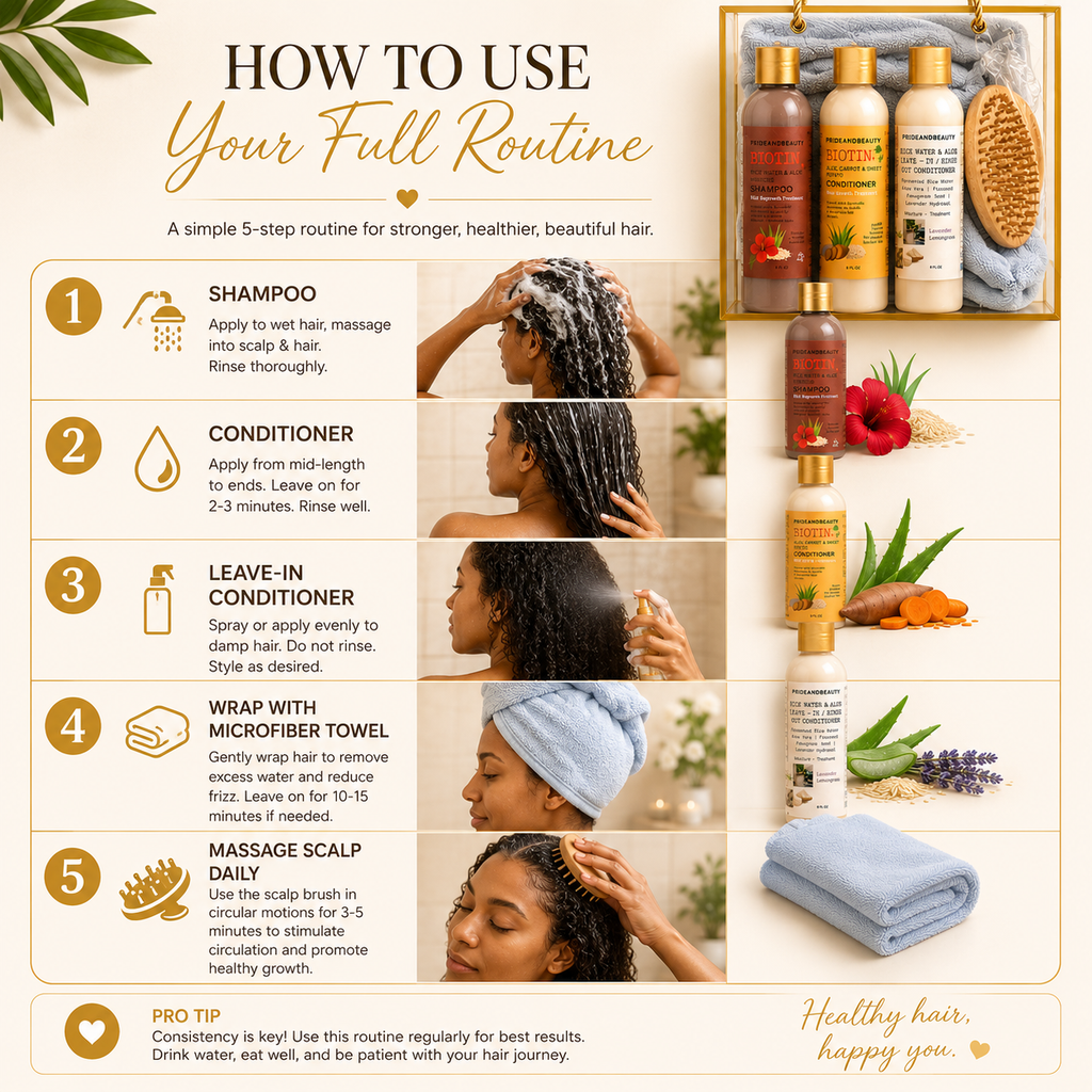 PrideandBeauty® Luxury Hair Growth Bundle | Biotin Rice Water Shampoo, Conditioner & Leave-In Gift Set with Microfiber Hair Towel & Scalp Massage Brush