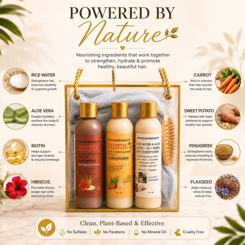 PrideandBeauty® Luxury Hair Growth Bundle | Biotin Rice Water Shampoo, Conditioner & Leave-In Gift Set with Microfiber Hair Towel & Scalp Massage Brush