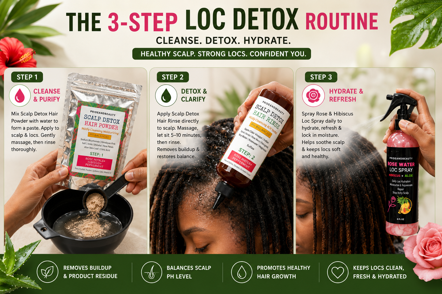 Loc Detox Bundle | 3-Step Scalp Detox Kit with Detox Hair Powder, ACV Hair Rinse & Rose Water Loc Spray