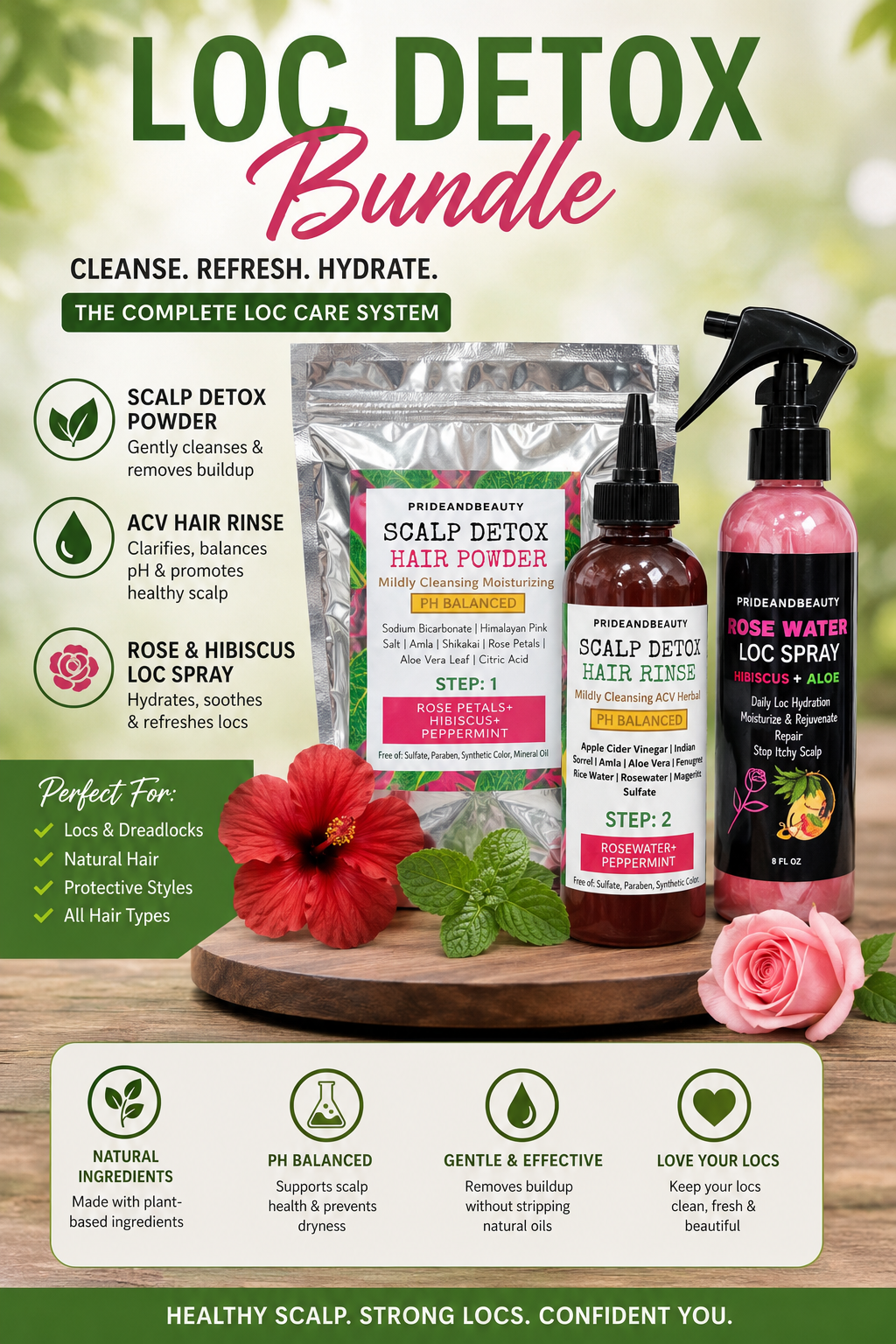 Loc Detox Bundle | 3-Step Scalp Detox Kit with Detox Hair Powder, ACV Hair Rinse & Rose Water Loc Spray