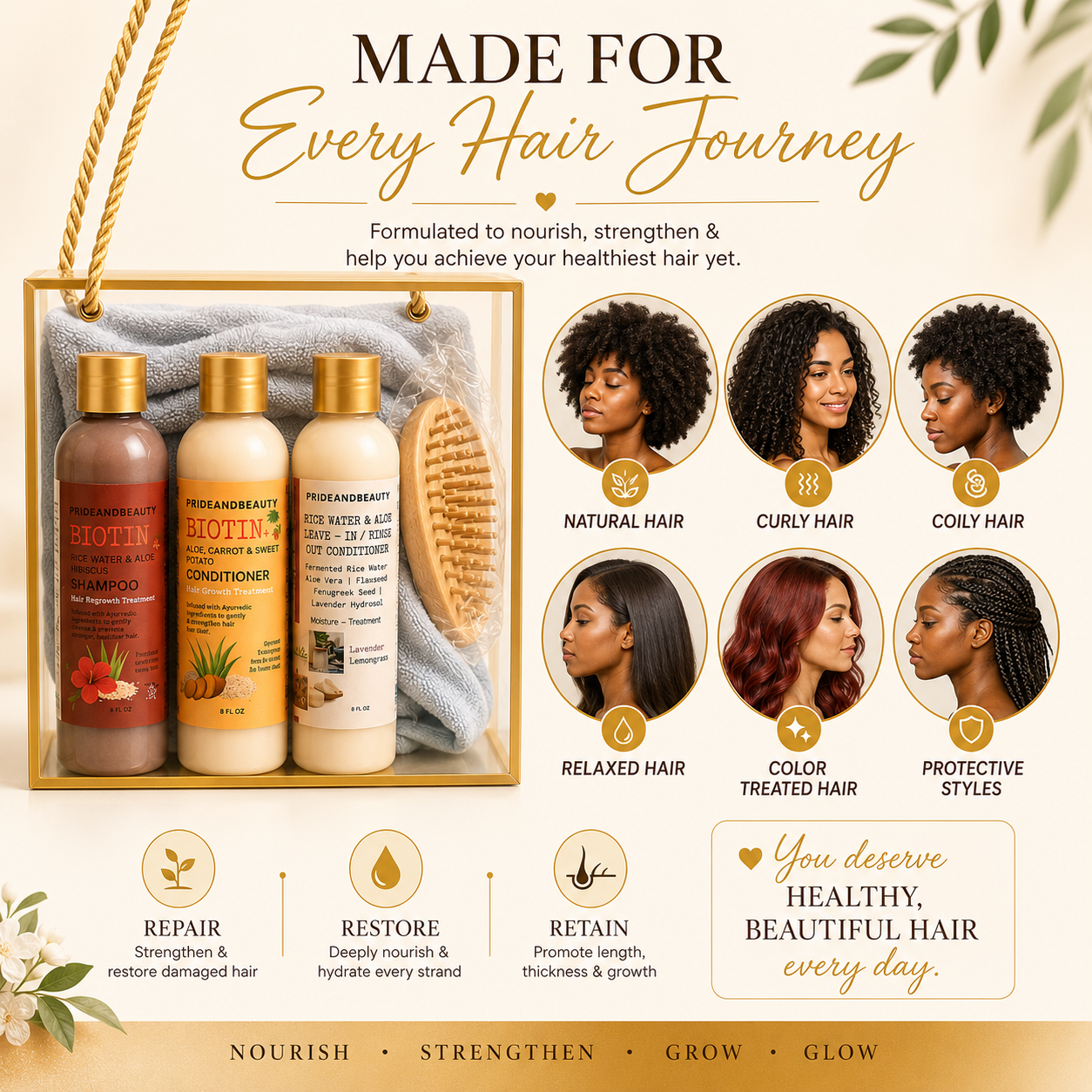 PrideandBeauty® Luxury Hair Growth Bundle | Biotin Rice Water Shampoo, Conditioner & Leave-In Gift Set with Microfiber Hair Towel & Scalp Massage Brush