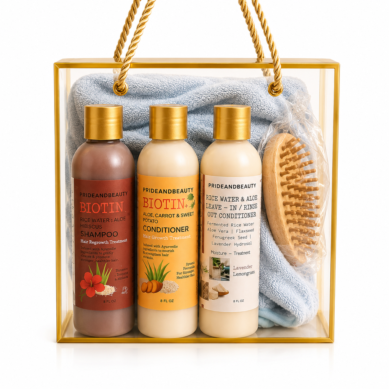 PrideandBeauty® Luxury Hair Growth Bundle | Biotin Rice Water Shampoo, Conditioner & Leave-In Gift Set with Microfiber Hair Towel & Scalp Massage Brush