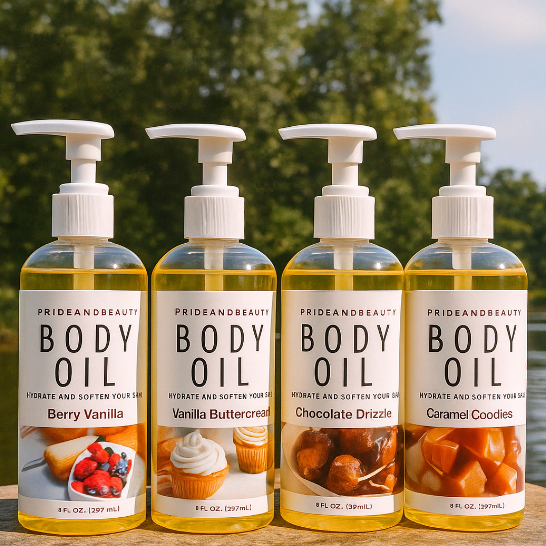 Fragranced body oil and after shower moisturizer by Pride and Beauty