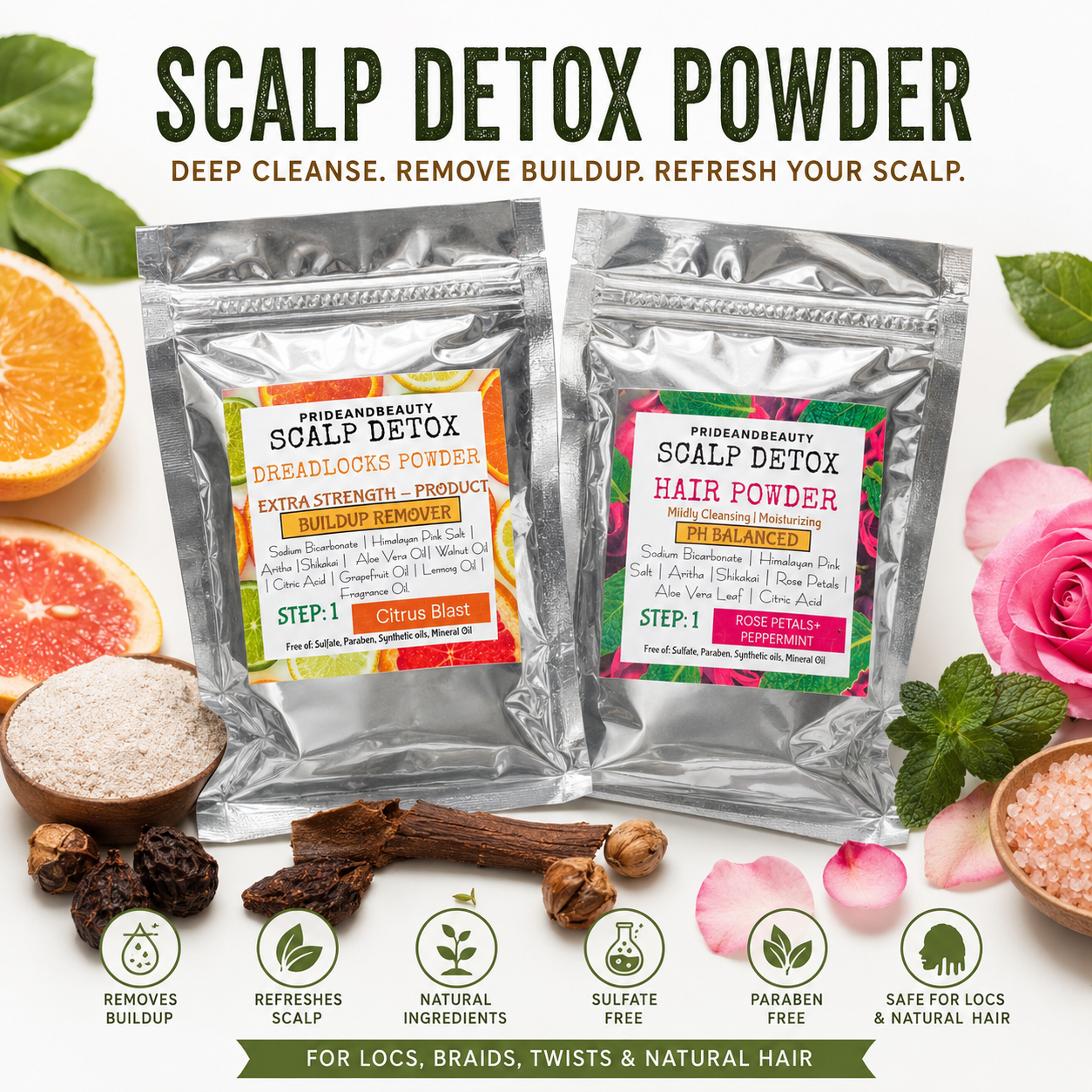 Scalp Detox Powder for Locs – Deep Cleansing Buildup Remover | Citrus Blast or Rosewater Peppermint
