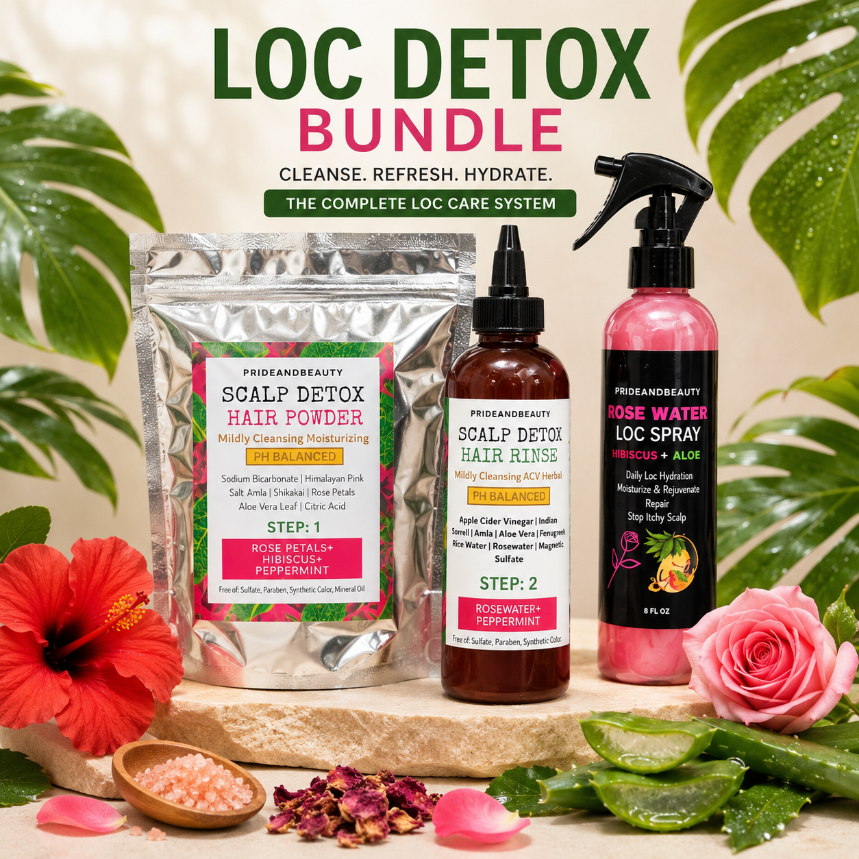 Loc Detox Bundle | 3-Step Scalp Detox Kit with Detox Hair Powder, ACV Hair Rinse & Rose Water Loc Spray