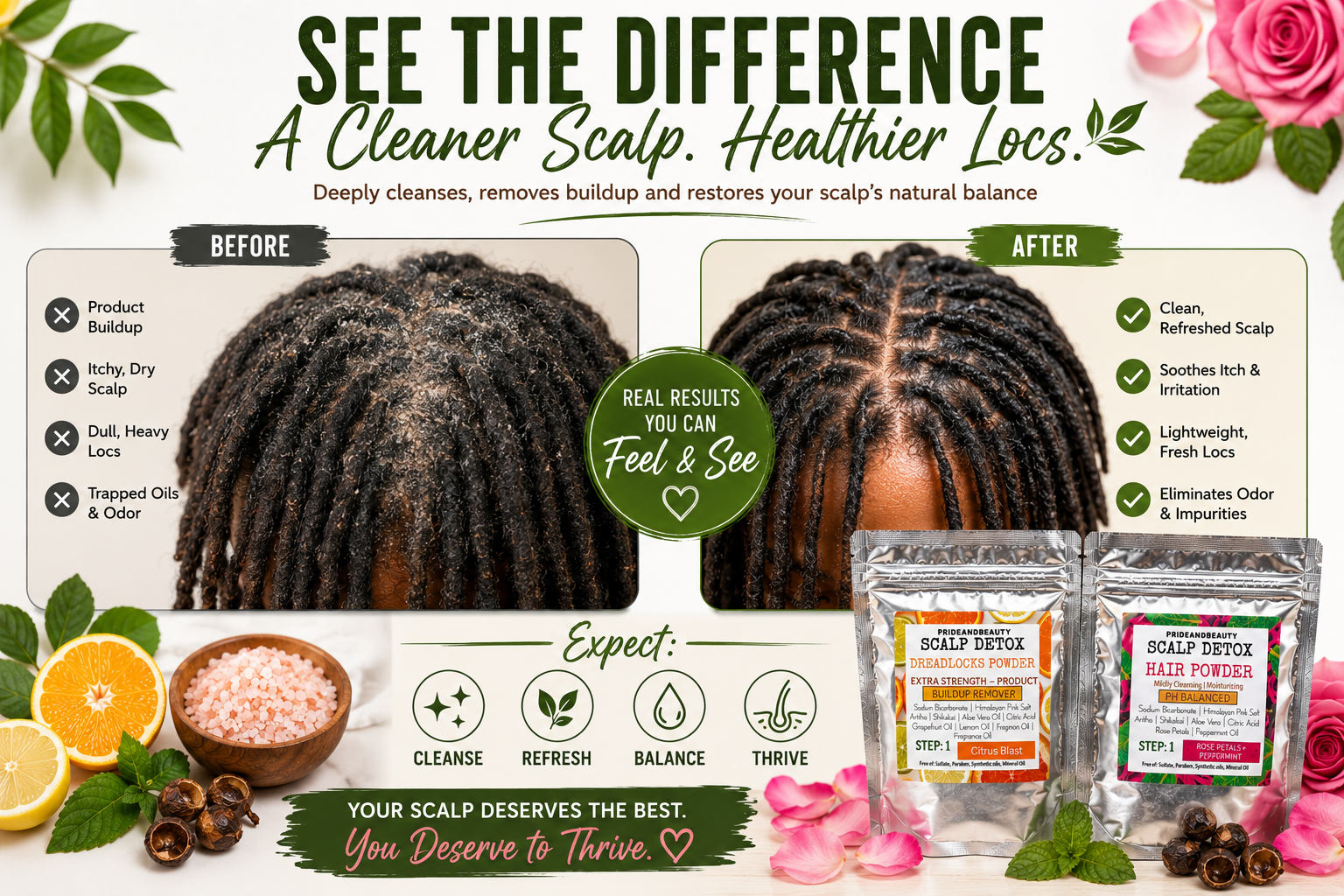 Scalp Detox Powder for Locs – Deep Cleansing Buildup Remover | Citrus Blast or Rosewater Peppermint